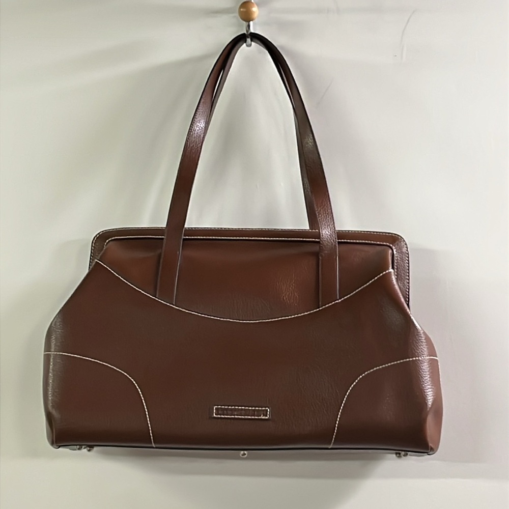 BCBGMAXAZRIA Career Brown Leather Structured Carryall/Satchel Top 9" Handle Zip